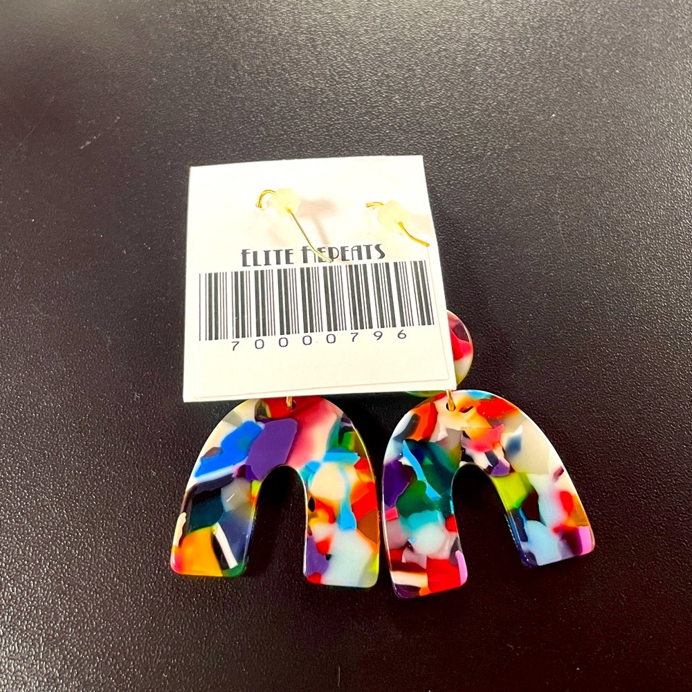 Multicolor Abstract Dangly Earrings Colorful Bright - Picture 3 of 3